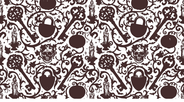 Halloween Pattern with Keys and Skulls