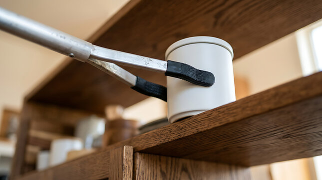 Reacher Grabber Tool Picking Up Container from High Wooden Shelf to Assist Daily Living and Accessibility