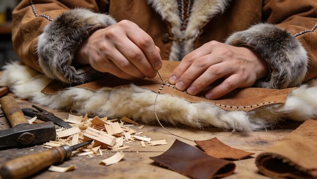 Artisan hands sewing traditional P&auml;rnu County sheepskin coat at T&otilde;stamaa Craft Center, Estonian winter heritage craft with sealskin details