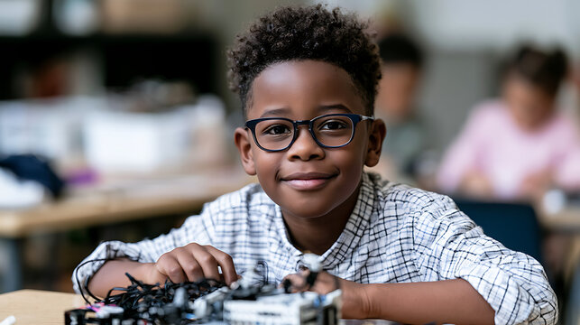 concentrated african american boy building robot toy at classroom desk stem education learning hobby concept