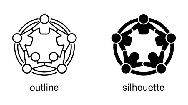Teamwork Symbolism: A graphic representation of teamwork and collaboration, depicted as five interconnected figures forming a circular unity, presented in both outline and silhouette versions.
