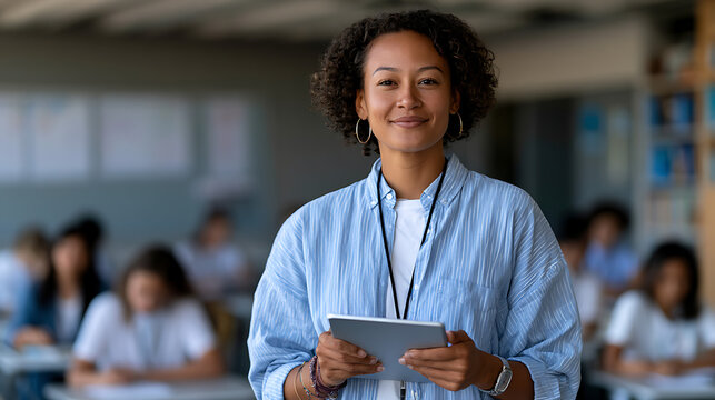 happy teacher wearing lanyard using tablet in vibrant classroom education teaching