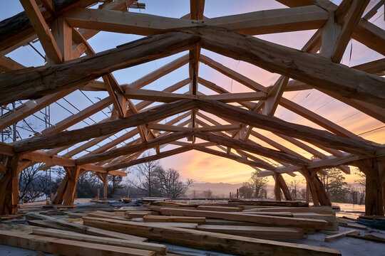 The rustic wooden roof frame stands out dramatically against a lively backdrop