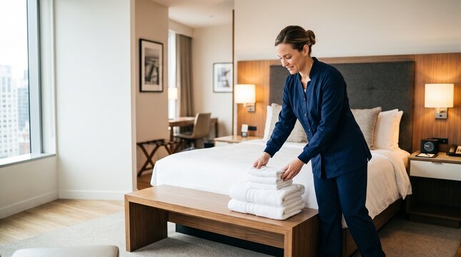 Hotel Housekeeping Professional Preparing Modern Guest Room