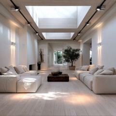 Fototapeta premium Modern living room with white sofa wood floor skylight indoor plant minimal decor natural light spacious cozy elegant serene