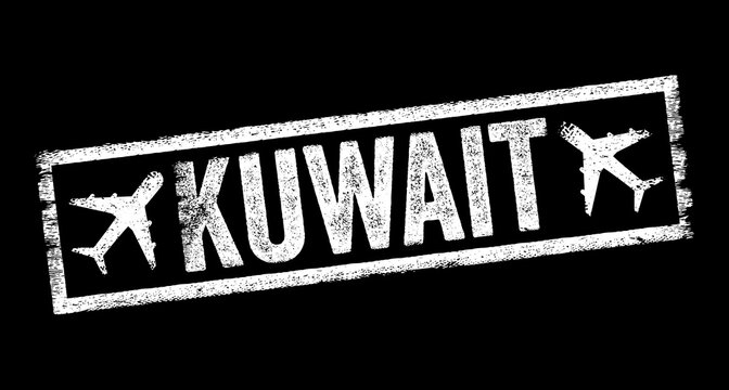 KUWAIT text stamped with airplane icons in a grungy texture layout acting as an airport sign for travel destinations, international flights, tourism, and global geography locations.