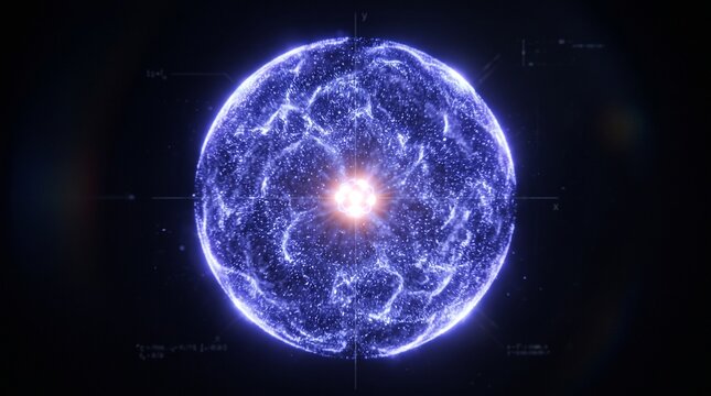 Glowing blue electron cloud. Spherical orbital energy model
