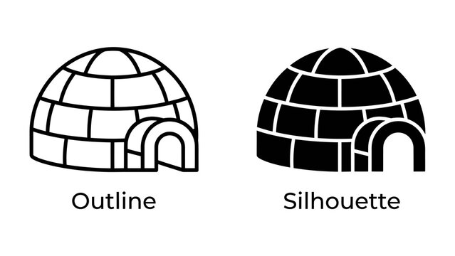 Igloo Icon Set: A clean, vector illustration featuring two simplified igloo icons, one as an outline and the other as a solid silhouette, perfect for representing arctic dwelling or cold environments.