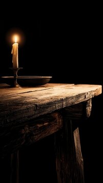 Illuminated candle on a rustic wooden table.