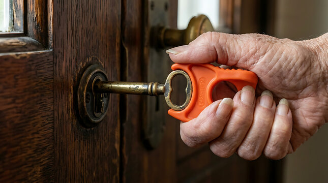 Senior hand using orange adaptive key turner aid to open antique wooden door lock for accessibility