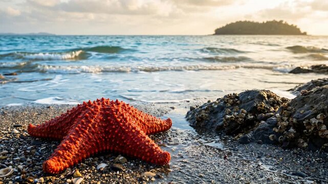 Vibrant red starfish resting on wet coastal, gentle ocean waves, serene marine nature landscape, 4K video