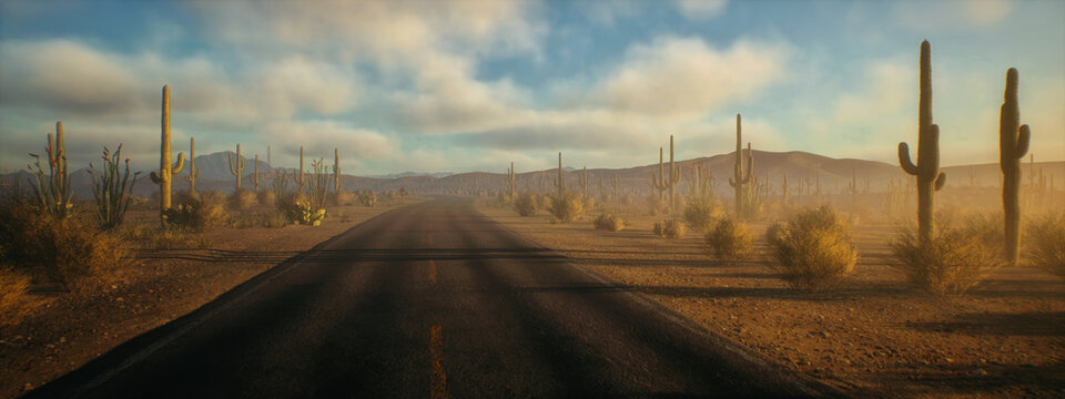 Empty road in desolate desert landscape with succulent plants under a sky wih clouds. 3D render.