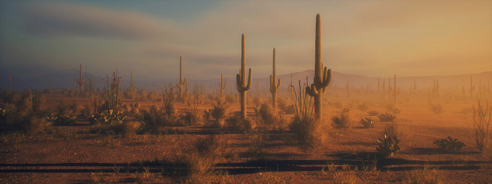 Cacti in a desolate misty desert landscape with bushes during sunset under a sky wih clouds. 3D render.