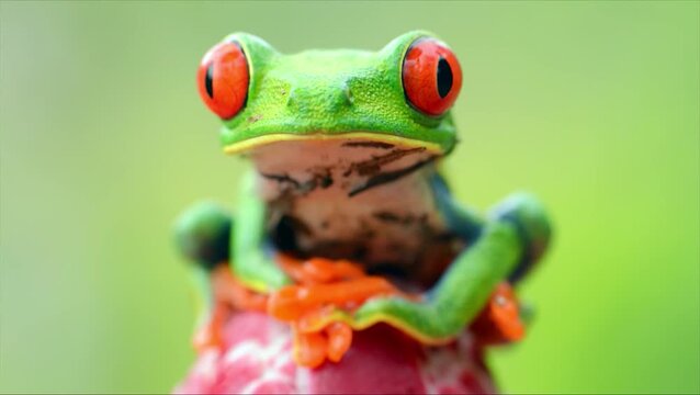 red eyed tree frog amphibian macro portrait on red flower