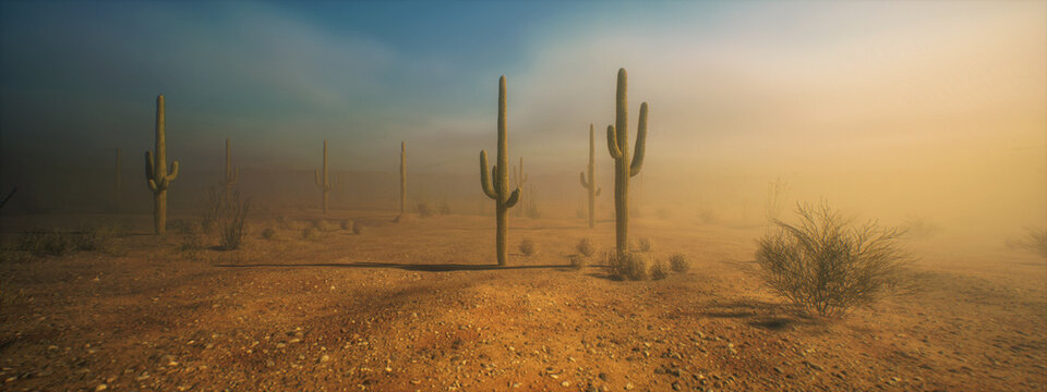 Cacti in a desolate misty desert landscape with bushes during golden hour under a sky wih clouds. 3D render.