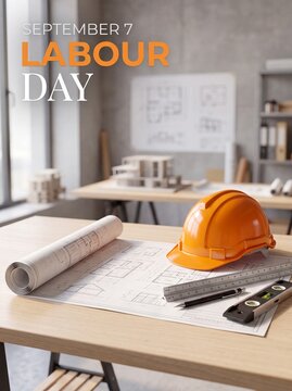 Orange safety helmet on blueprints celebrating labour day with orange helmet resting architectural plans tools desk