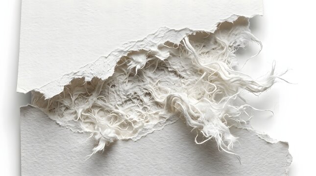 Torn white paper revealing fibrous texture and threads underneath.