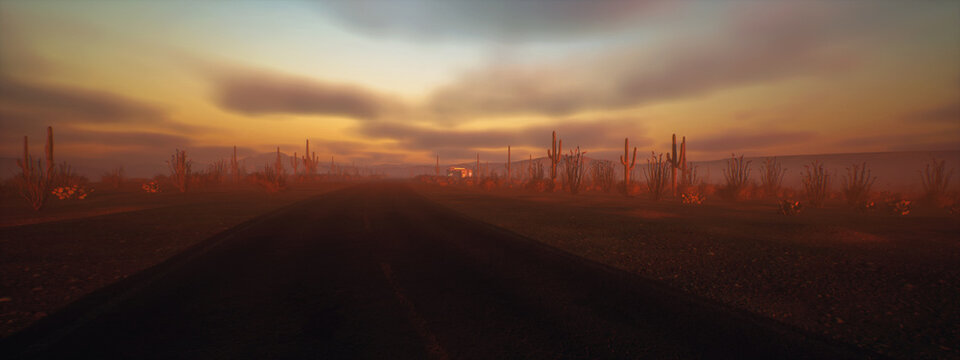 Empty road in desolate desert landscape with succulent plants and a building during sunset under a sky wih clouds. 3D render.