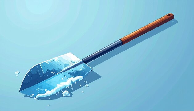 Wooden shovel with ice and snow reflection on blue background.