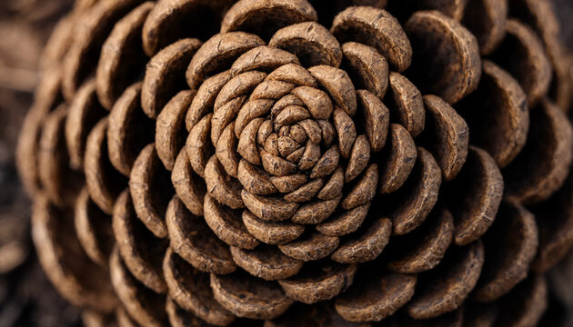 A top-down macro view of a pine cone showing the spiral pattern of its woody scales radiating from the center of the cone