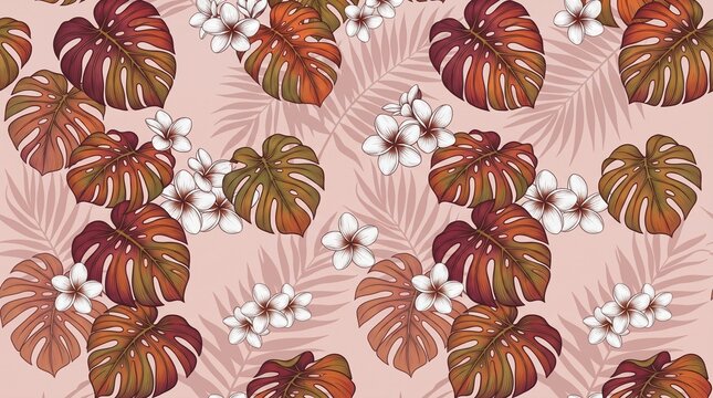 Tropical seamless pattern with monstera leaves and frangipani flowers. Exotic floral background in warm terracotta and pink tones.
