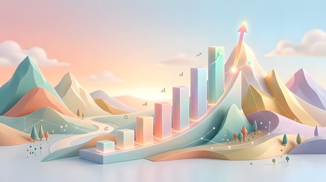 Pastel 3d bar chart showing exponential business growth over seven years in playful landscape