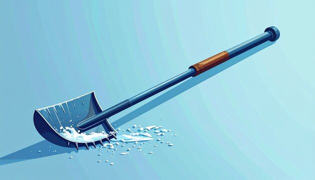 Wooden shovel with wet blade on light blue background.