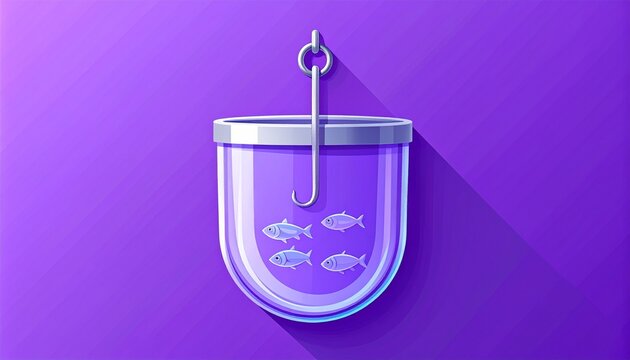Glass fishbowl with three fish and metal hook on purple background.