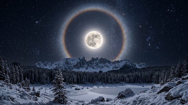 Luminous full moon with lunar halo over winter mountains. Snowy forest landscape under starry night sky. Ethereal moonlit wilderness scene.