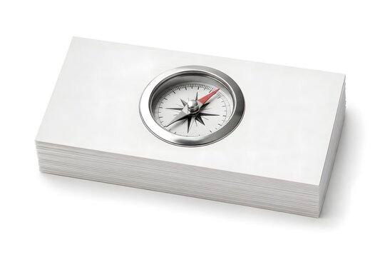 Silver Compass Embedded in White Business Card Stack on White Background Corporate Vision Concept