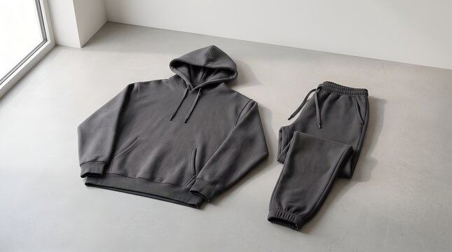 Gray sweatpants and hoodie set on floor