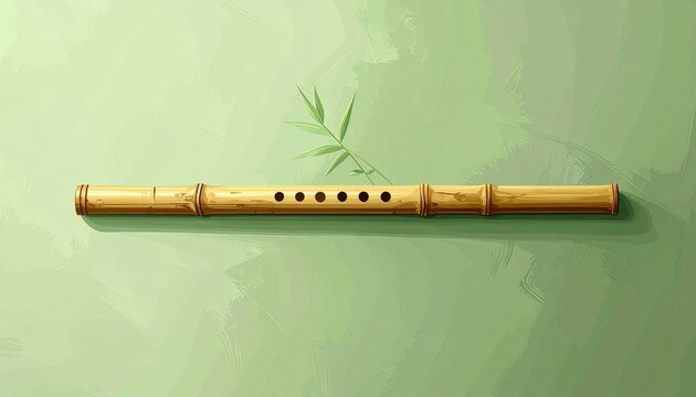 Traditional wooden flute with six finger holes on green background.