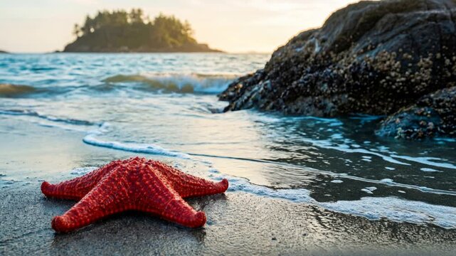 Vibrant red starfish resting on wet coastal, gentle ocean waves, serene marine nature landscape, 4K video