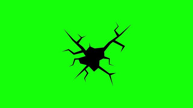 Dynamic graphic illustration of a striking black crack or fractured surface, appearing on a solid chroma key green background, representing impact and breakage effect