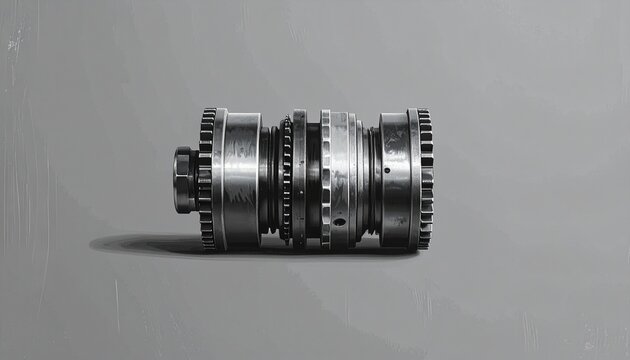Close up of metallic industrial gear assembly on gray background.