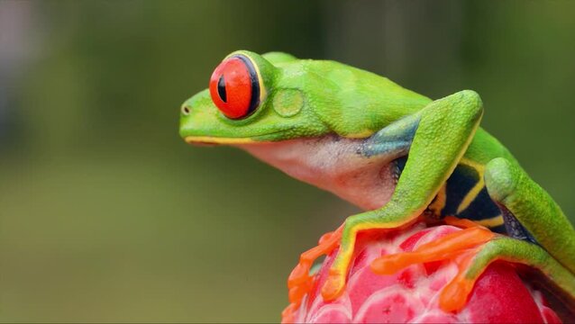 Closeup of a vibrant red eyed tree frog resting on a red object in a natural environment