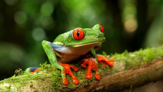 Close-up of a vibrant red-eyed tree frog sitting on a mossy branch in a rainforest jungle