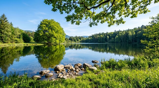 Trees reflecting lake