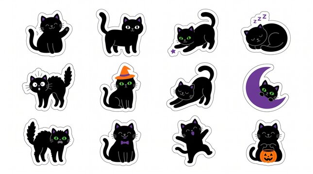 Set of cute black cat stickers for halloween celebrations and fun designs isolated on white background, Vector, illustration