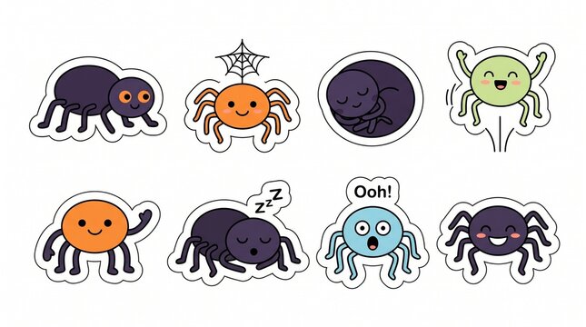 Set of cute cartoon spider stickers for halloween decoration and party design isolated on white background, Vector, illustration