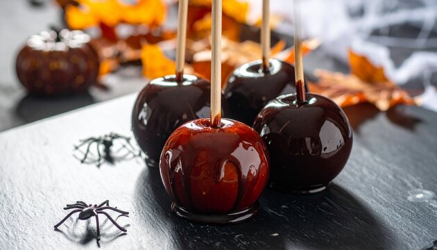 Halloween candy apples with dark chocolate coating and decorative spiders and autumn leaves