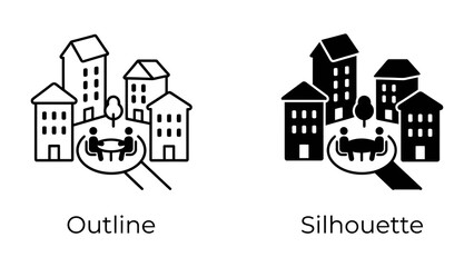 Fototapeta premium Urban Community Icons: Two distinct icons, one outlined and one silhouetted, depict a small urban community with buildings, trees, and people gathered around a table.