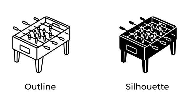 Foosball Table Outline and Silhouette: Two isometric views of a foosball table, one rendered as a clean outline and the other as a solid silhouette, perfect for graphic design and gaming themes.