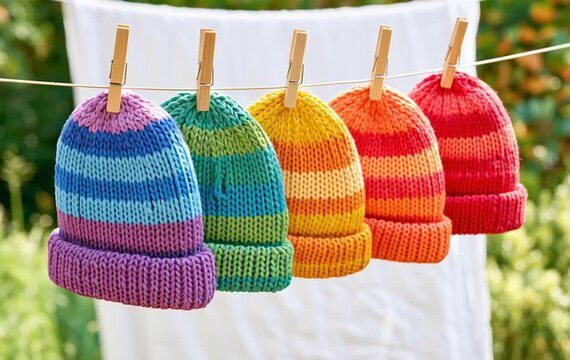 
A row of six colorful rainbow-striped knitted wool beanie hats hanging from a clothesline with wooden clothespins, each hat featuring horizontal stripes