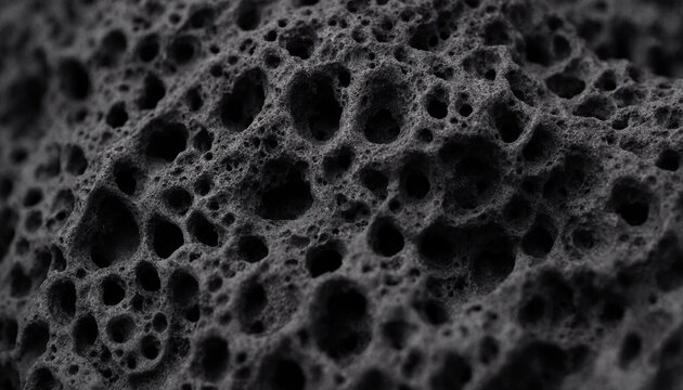 Close up macro shot of a dark grey volcanic rock surface showing deep porous holes and rough textures from cooled lava formations