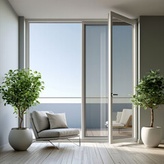 Fototapeta premium Modern apartment with large floor to ceiling window, open balcony door, potted plant, armchair, sunlight, serene atmosphere