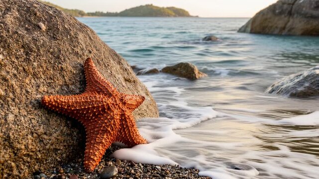 Vibrant red starfish resting on wet coastal, gentle ocean waves, serene marine nature landscape, 4K video