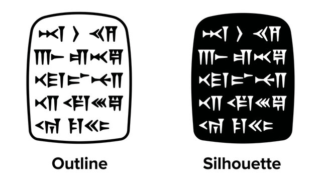 Cuneiform Tablet: An ancient cuneiform script inscribed on two clay tablets, one in outline and the other as a dark silhouette, representing early forms of writing and record-keeping.