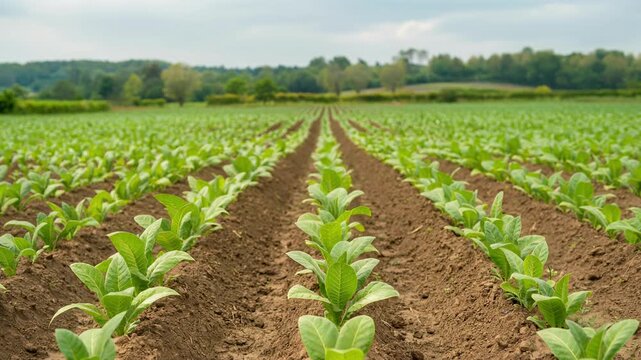 Green tobacco plants growing in rows on a farm field with lush landscape and cloudy sky