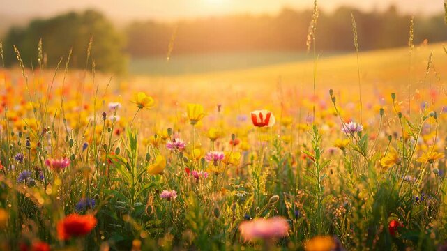 Bright wildflower meadow in golden sunlight with colorful blooming flowers in spring nature landscape
